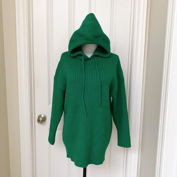 New Women's Loose Hooded Knitwear Solid Green Pullovers Knitted Sweater Dress - Picture 1 of 6
